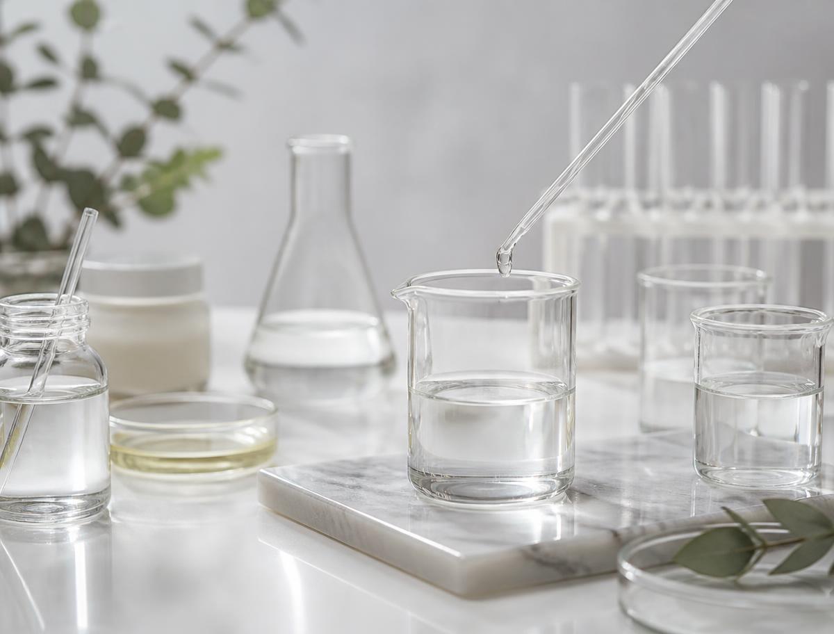 Szklane zlewki i pipeta w laboratorium kosmetycznym